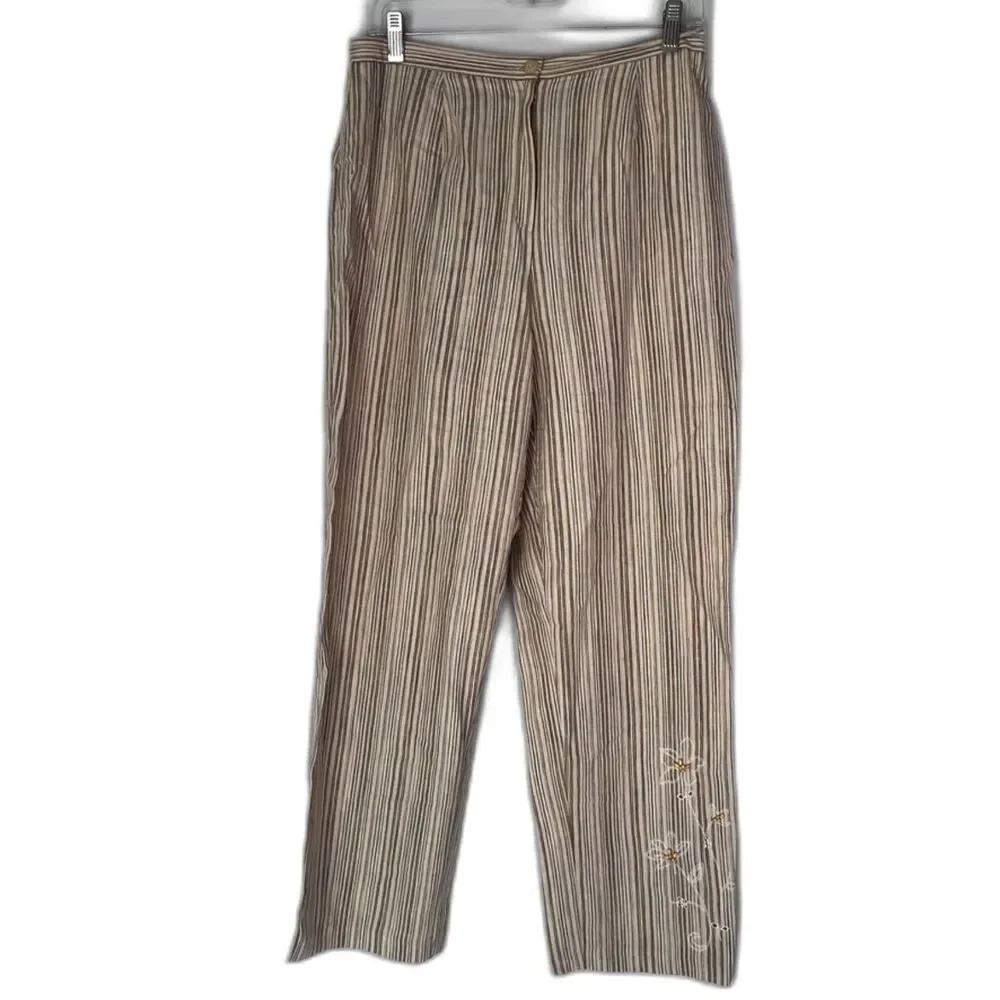 Requirements Tan Striped Linen Blend Embroidered‎ Leg Straight Leg Pant Size 10